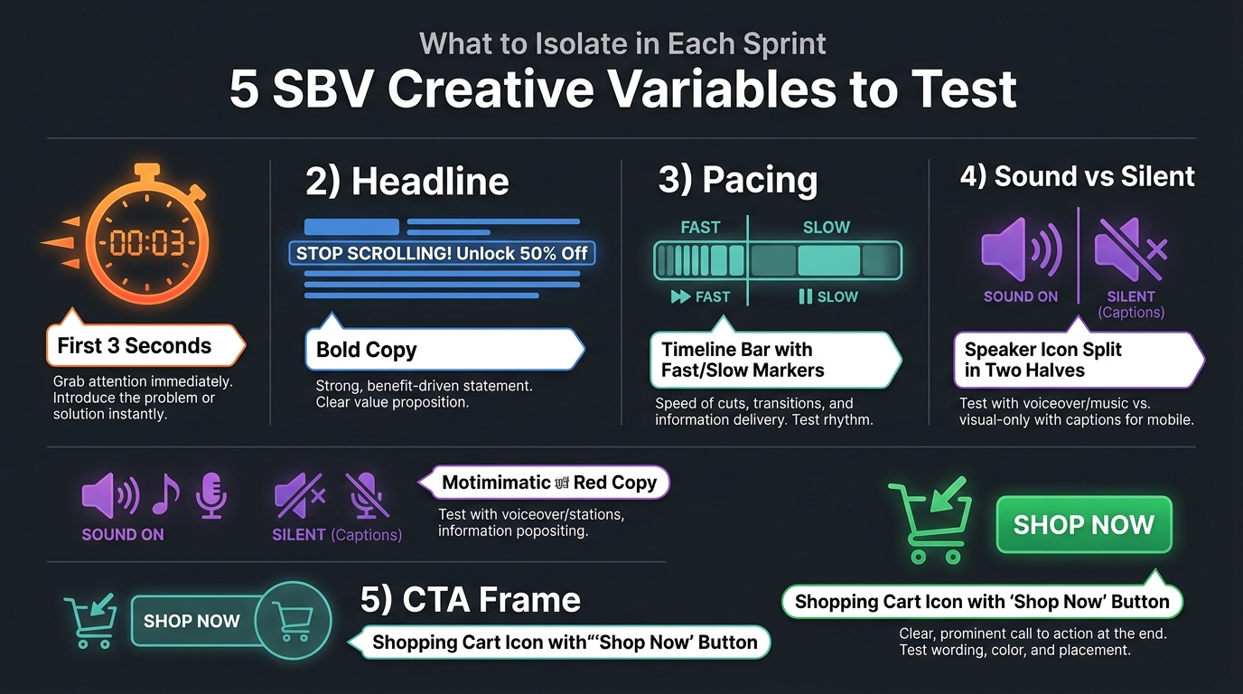 Infographic showing the 5 SBV creative variables to isolate in each sprint: hook, headline, pacing, sound vs silent, and CTA frame