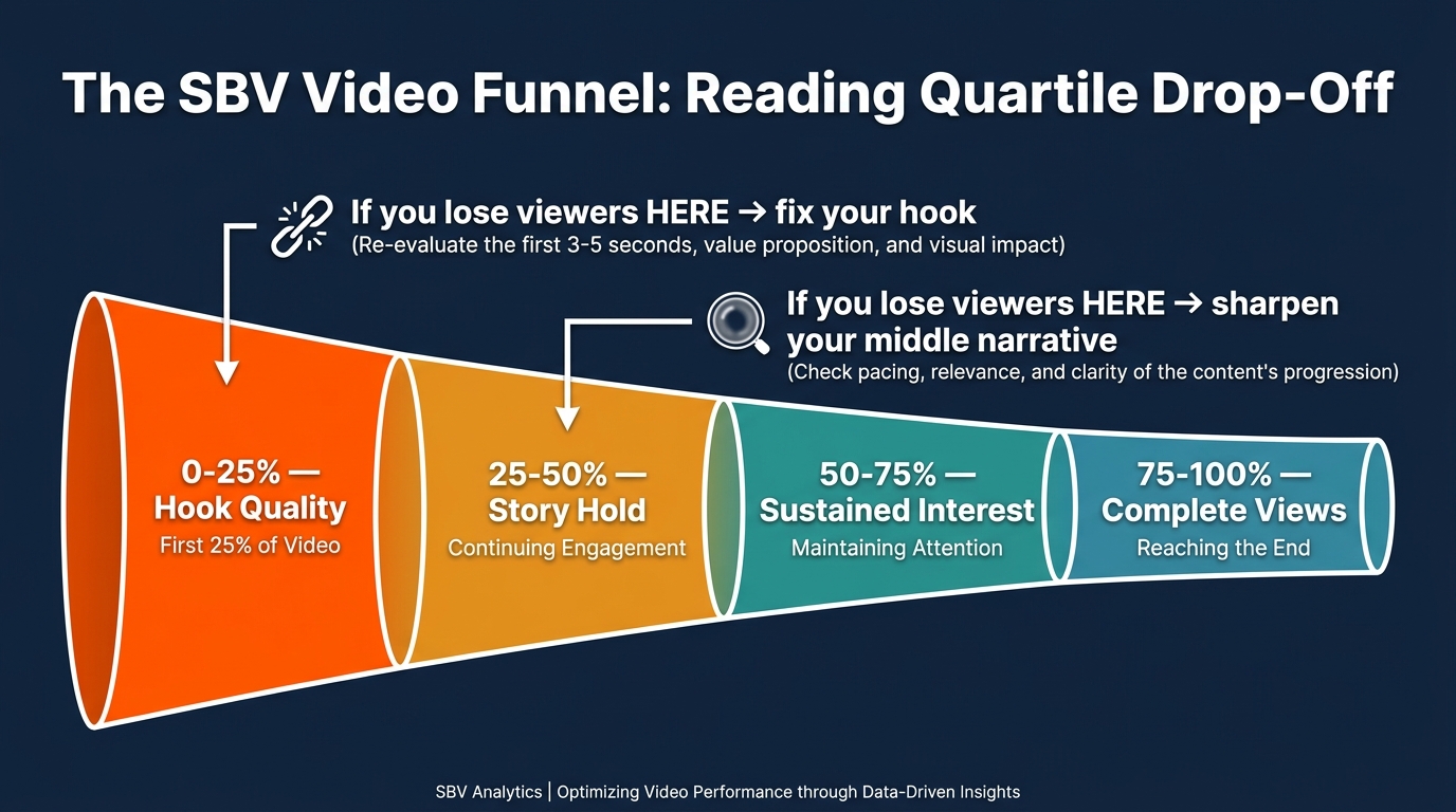 SBV video funnel quartile drop-off diagnostic showing where to fix hook quality, story hold, and sustained interest