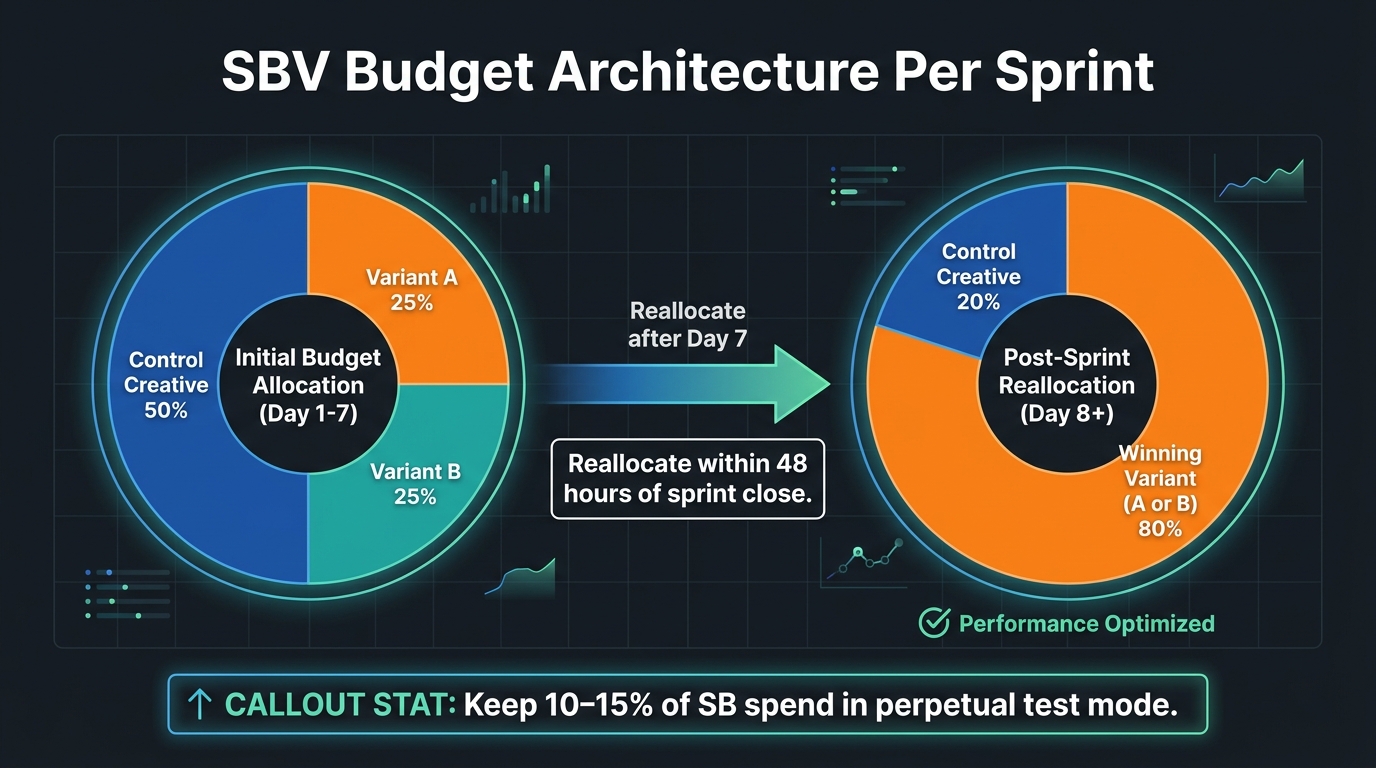 SBV budget architecture per sprint showing 50% control creative and 25% each for variant A and B, with post-sprint budget reallocation to winner
