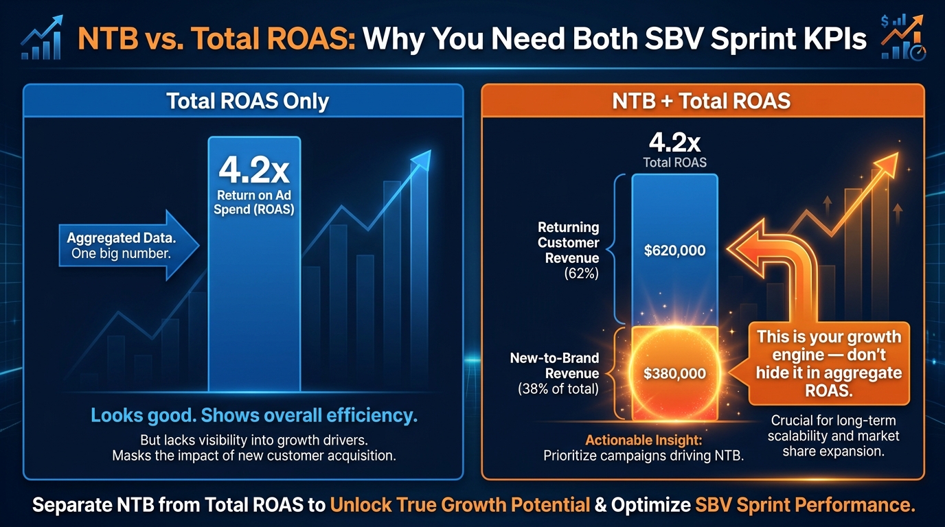NTB vs. total ROAS comparison showing why new-to-brand revenue is the real SBV growth engine and should not be hidden in aggregate ROAS