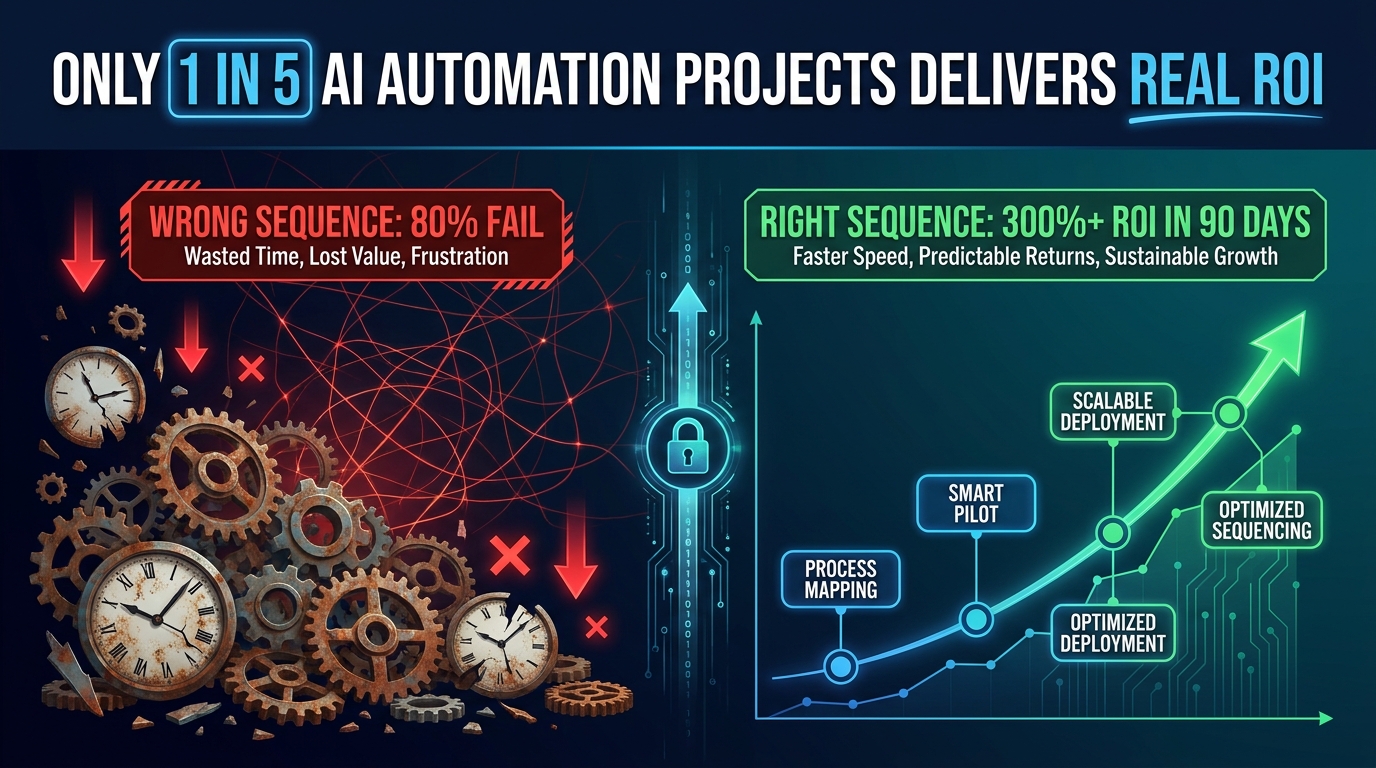Split visualization showing wrong vs right AI automation sequencing, with stat overlay: Only 1 in 5 AI Automation Projects Delivers Real ROI