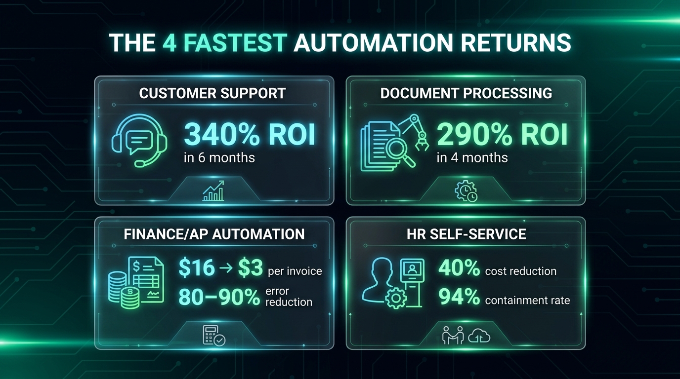 Four-tile data visualization showing the fastest AI automation ROI categories: Customer Support 340% ROI in 6 months, Document Processing 290% ROI in 4 months, Finance/AP Automation dollar per invoice reduction, HR Self-Service 40% cost reduction