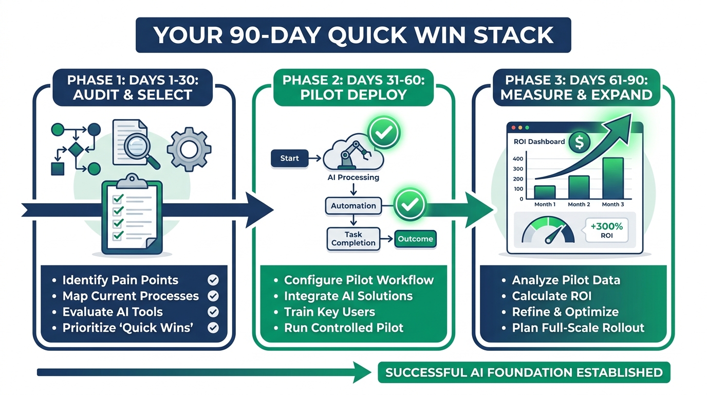 90-day AI automation quick win stack showing three phases: Days 1-30 Audit and Select, Days 31-60 Pilot Deploy, Days 61-90 Measure and Expand