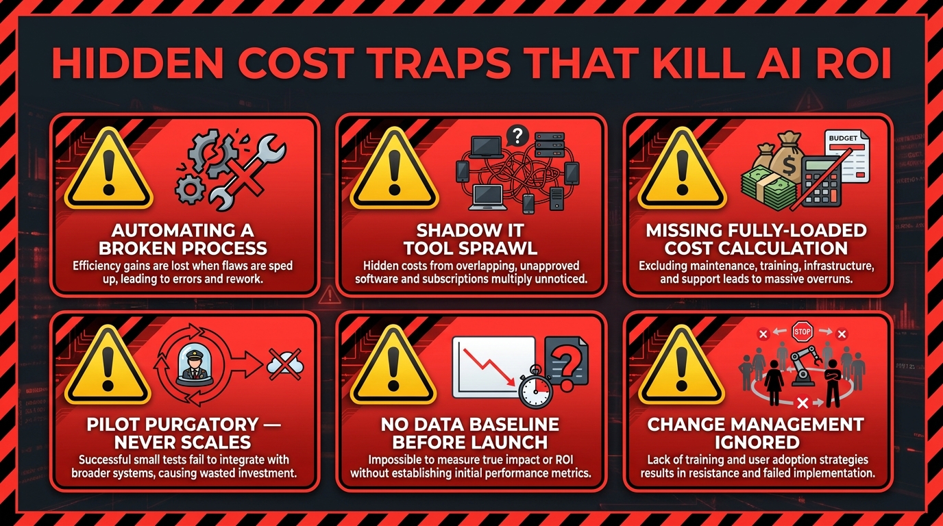 Warning infographic showing six hidden cost traps that kill AI automation ROI: Automating a Broken Process, Shadow IT Tool Sprawl, Missing Fully-Loaded Cost Calculation, Pilot Purgatory, No Data Baseline, Change Management Ignored