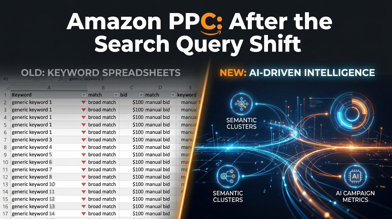 Amazon PPC after the search query shift — split screen showing old keyword spreadsheets versus new AI-driven semantic campaign dashboards