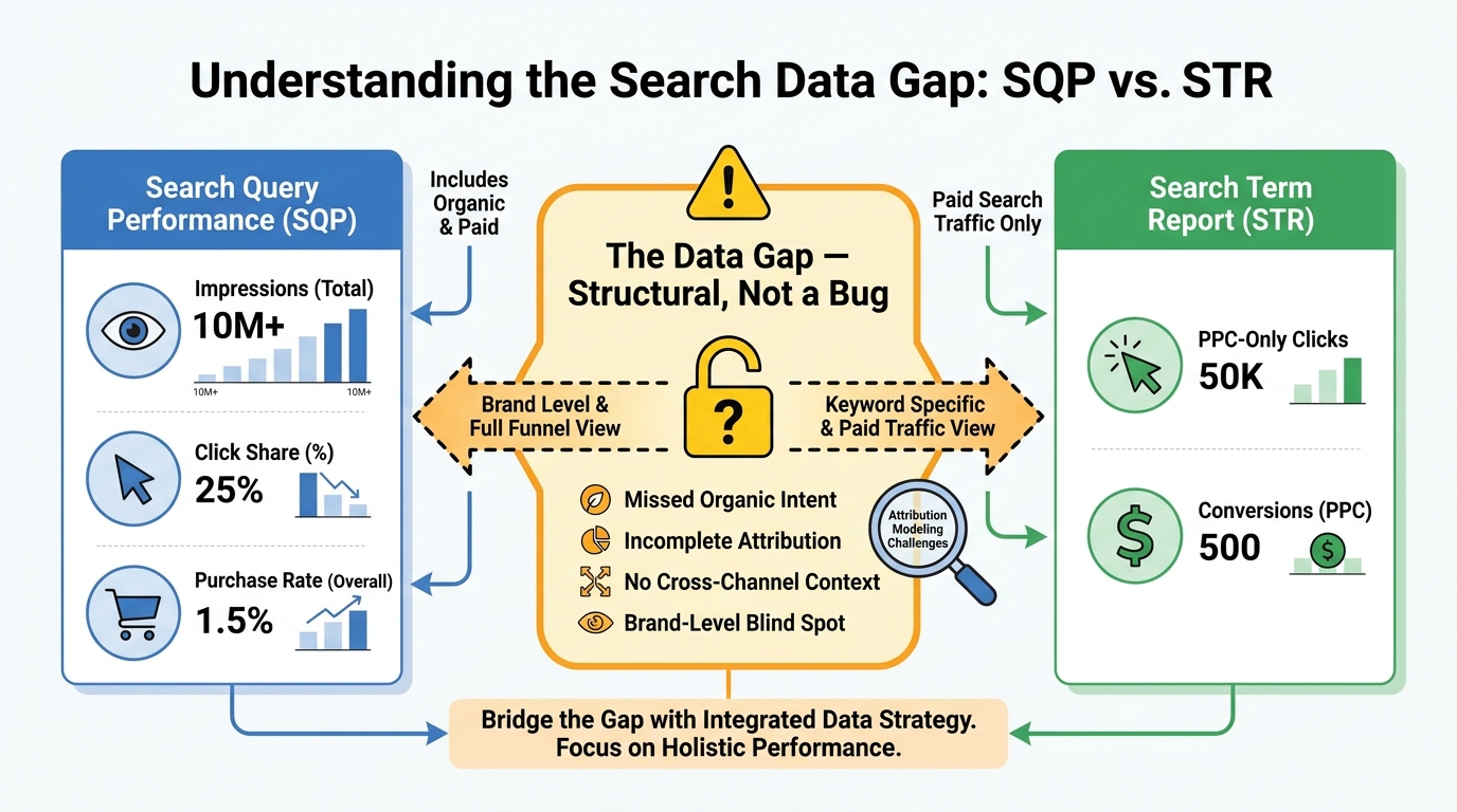 Infographic showing the structural data gap between Amazon's Search Query Performance report and the Search Term Report — two separate datasets with different attribution rules