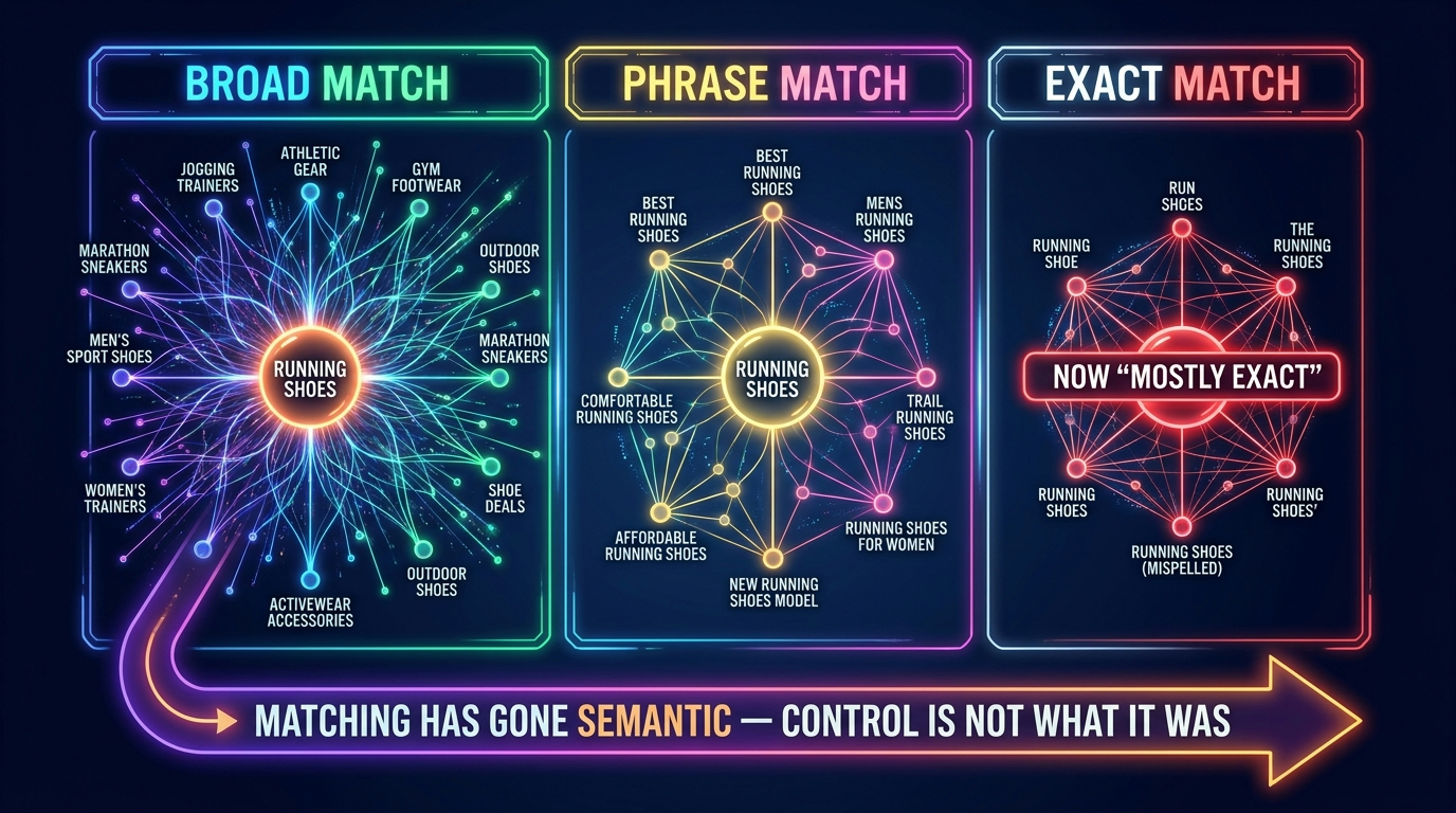 Diagram showing how Amazon keyword match types have evolved to become more semantic — broad, phrase, and exact match now operate on a spectrum rather than as rigid boundaries