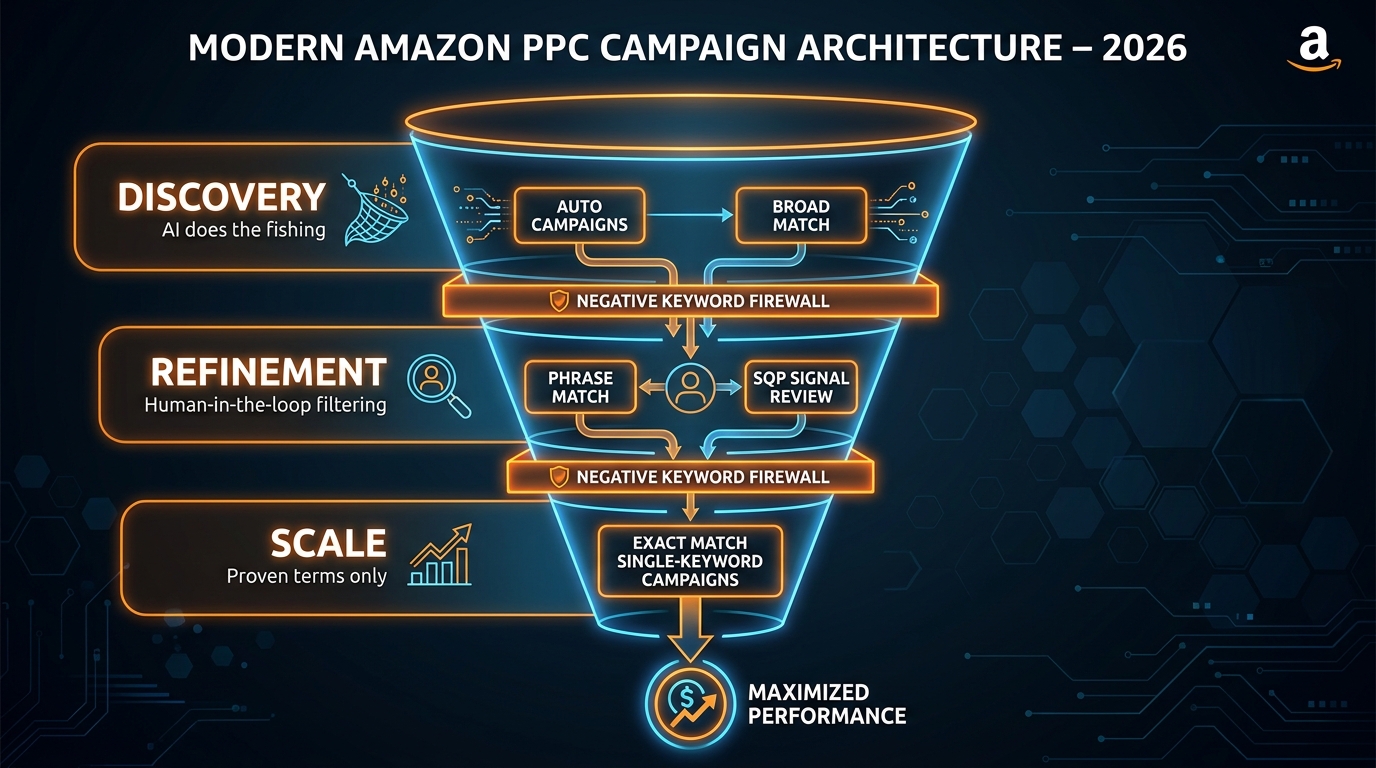 Modern Amazon PPC campaign architecture funnel showing three layers: Discovery with AI broad match, Refinement with human-in-the-loop filtering, and Scale with exact match single-keyword campaigns