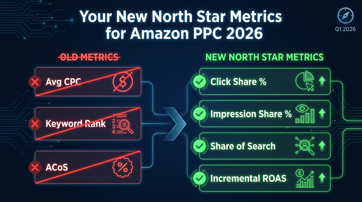 Dashboard showing new Amazon PPC north star metrics for 2026 — click share, impression share, share of search, and incremental ROAS replacing outdated average CPC and ACoS benchmarks