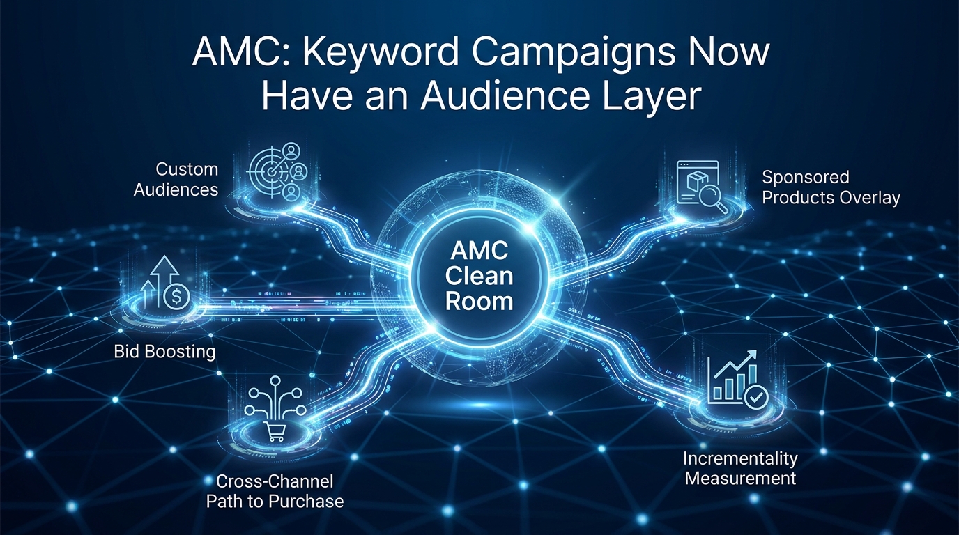 Amazon Marketing Cloud as the center hub connecting custom audiences, bid boosting, cross-channel path to purchase, incrementality measurement, and sponsored products overlay