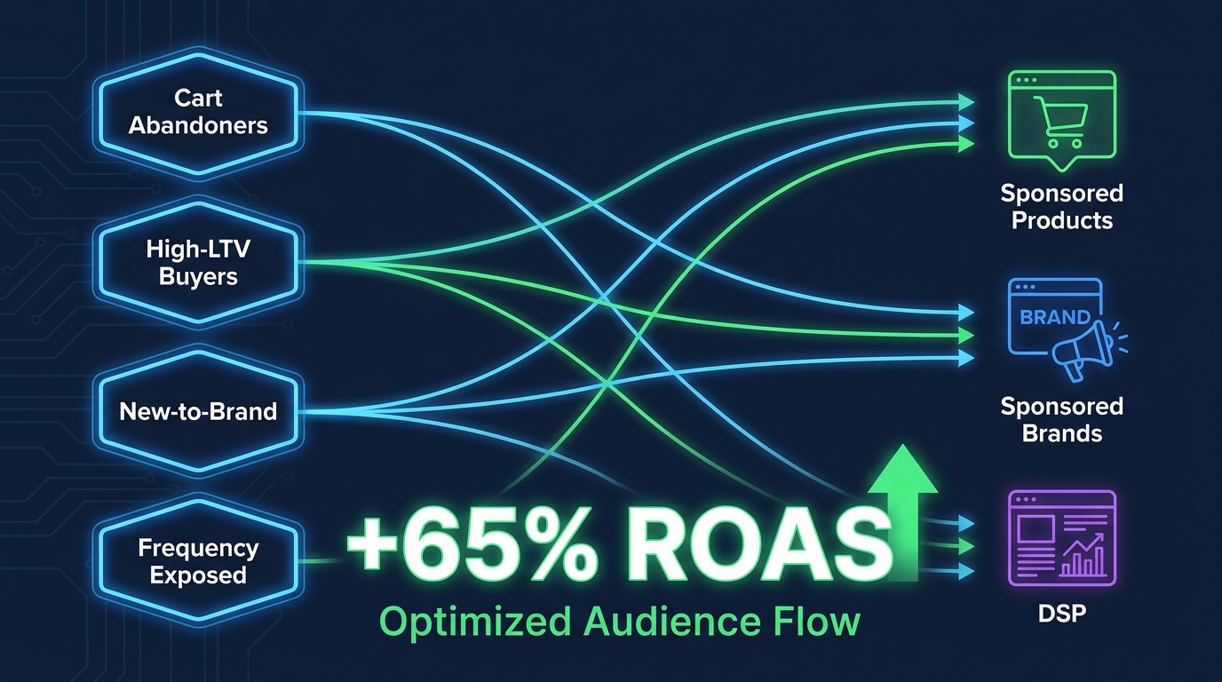 Amazon Marketing Cloud audience segments flowing into PPC campaign structures with +65% ROAS overlay
