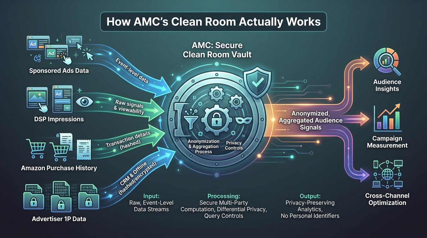 Diagram showing how Amazon Marketing Cloud's clean room processes data from multiple sources