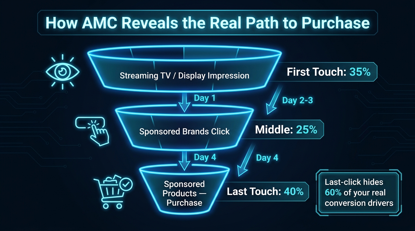 Multi-touch attribution funnel showing how AMC reveals the real path to purchase beyond last-click data
