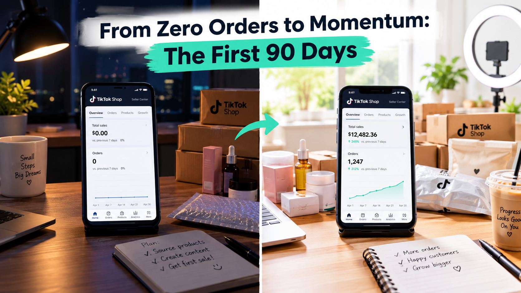Split image of a TikTok Shop seller dashboard showing zero orders at night and over a thousand orders in daylight, titled From Zero Orders to Momentum: The First 90 Days