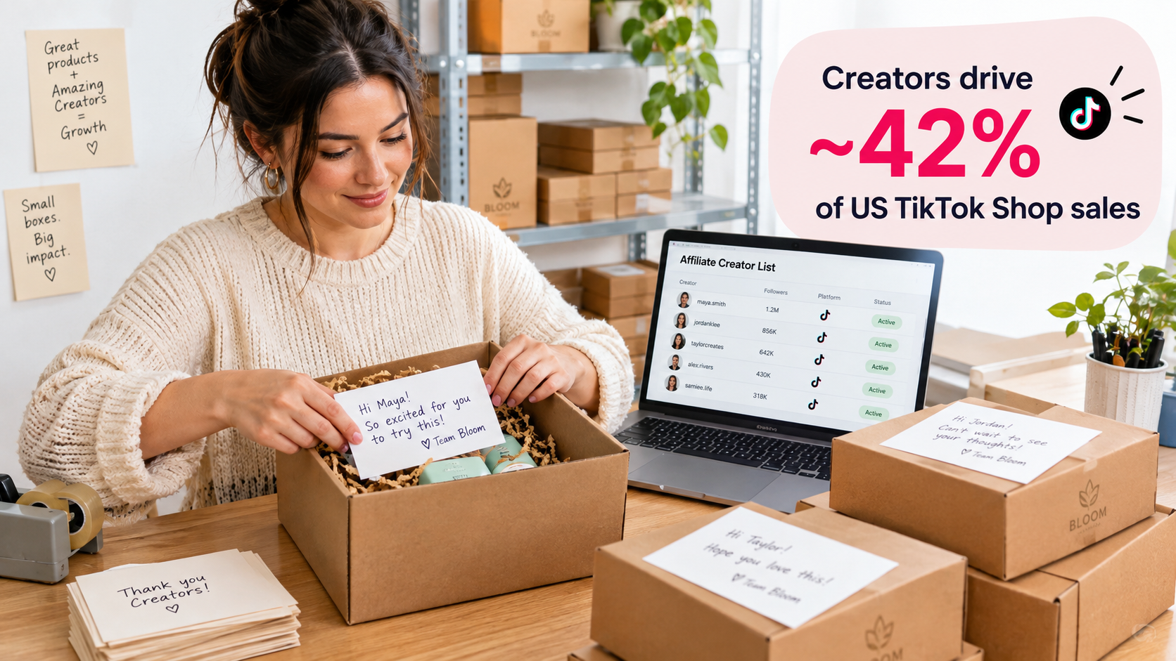 Seller packing product sample boxes for TikTok creators with a callout that creators drive about 42% of US TikTok Shop sales