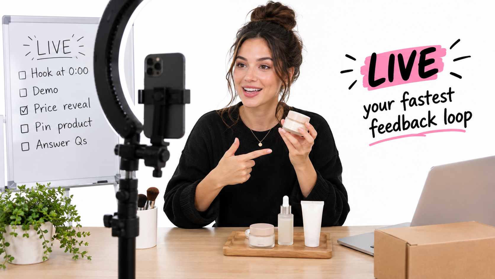 Small brand founder hosting a TikTok LIVE shopping session from a home studio with a whiteboard outlining hook, demo, price reveal, pin product, and answer questions