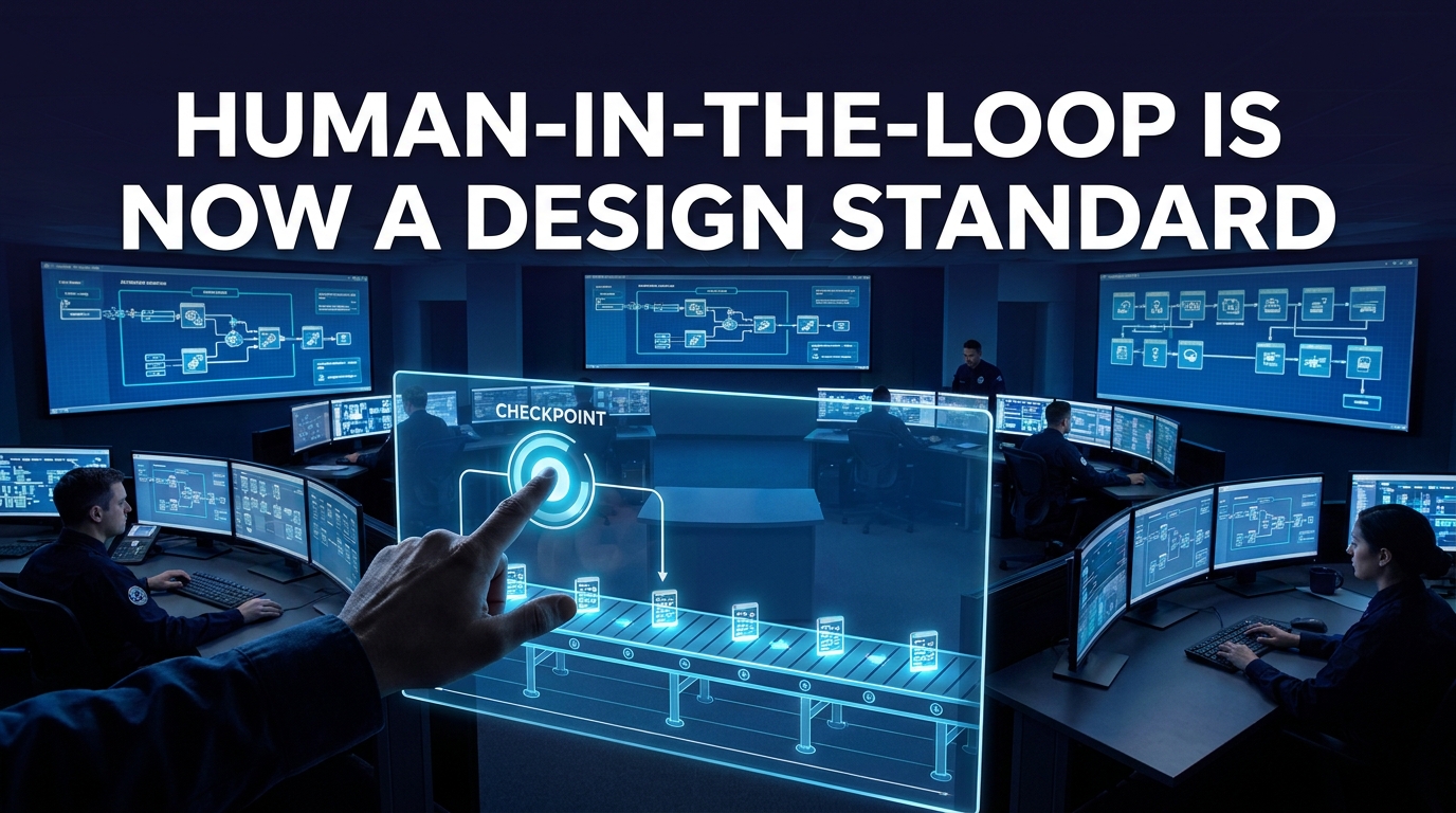 Human-in-the-loop AI control room with a human hand pausing an automated data workflow — representing HITL as a design standard