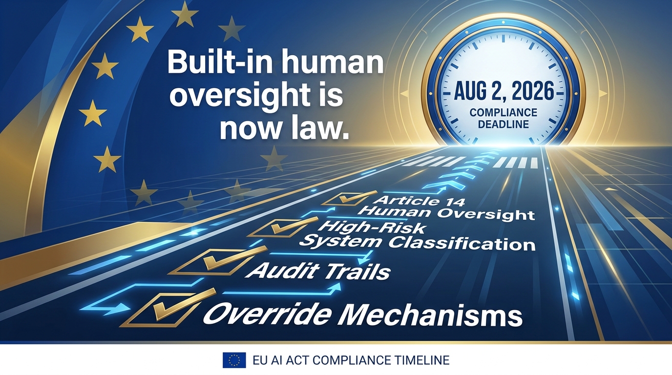 EU AI Act Article 14 compliance countdown showing August 2 2026 deadline with human oversight checklist requirements