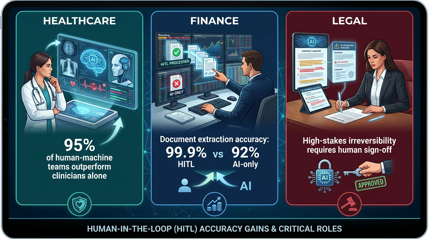 Three-panel infographic showing HITL accuracy improvements in healthcare, finance, and legal sectors with key statistics