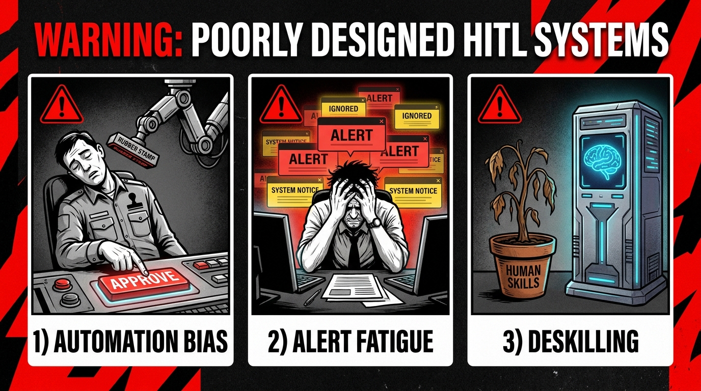 Three HITL failure modes illustrated: automation bias showing reflexive approvals, alert fatigue from notification overload, and deskilling of human expertise