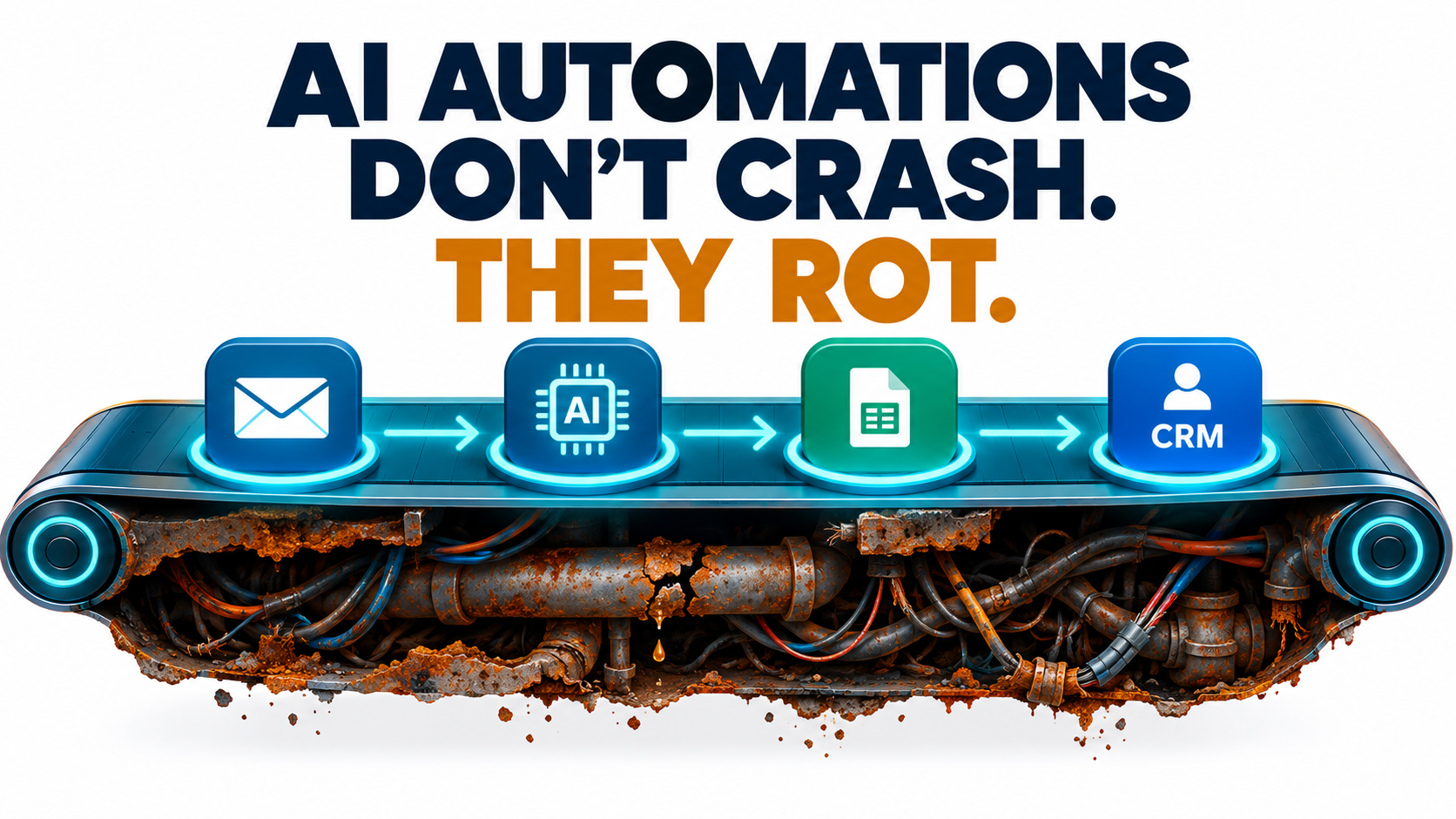 Illustration of an AI automation workflow running smoothly on the surface while rust and cracked pipes spread underneath, with the headline AI automations don't crash, they rot