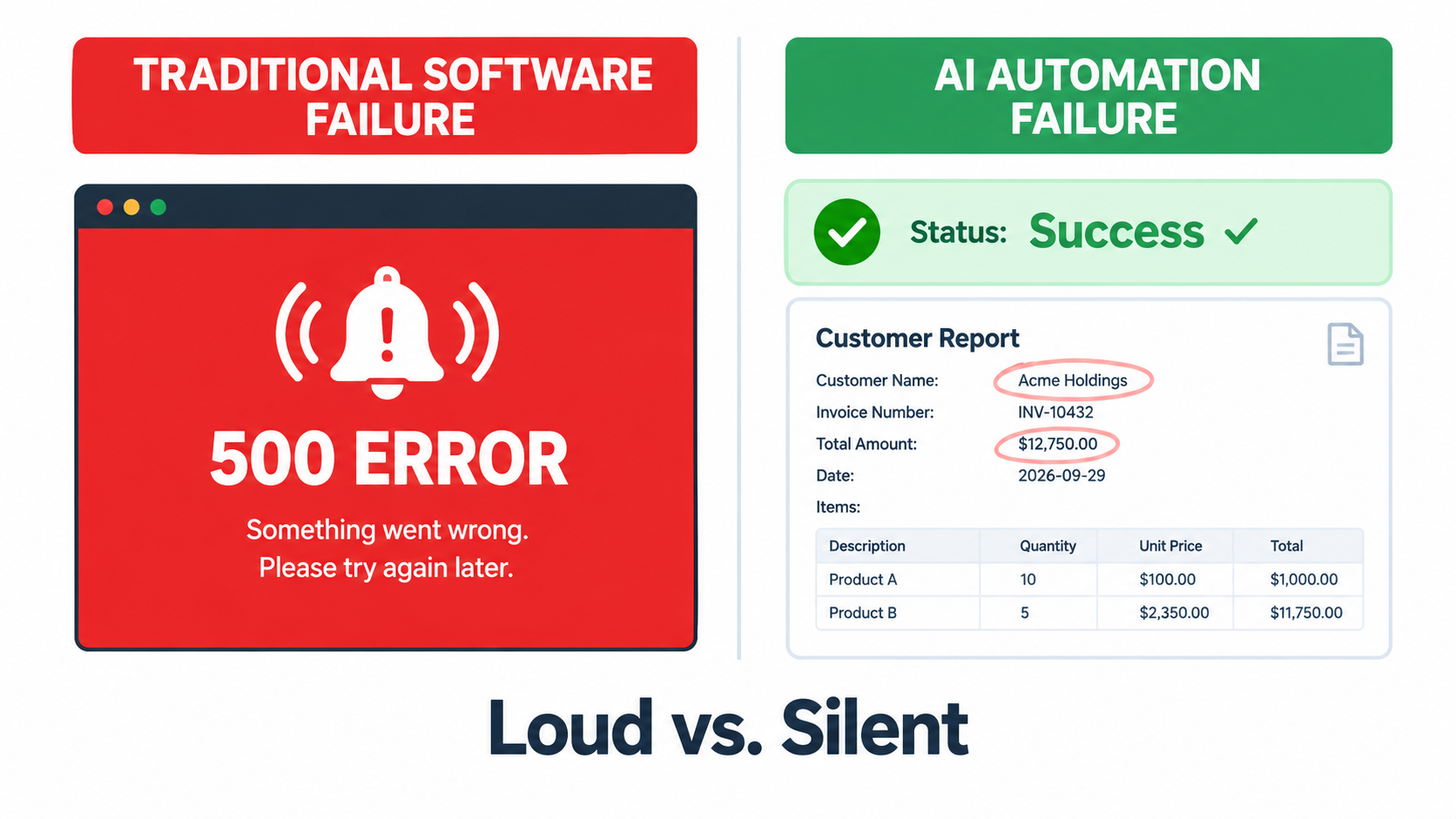Split-screen comparison: traditional software failure shows a loud 500 error, while AI automation failure shows a green success status with subtly wrong output
