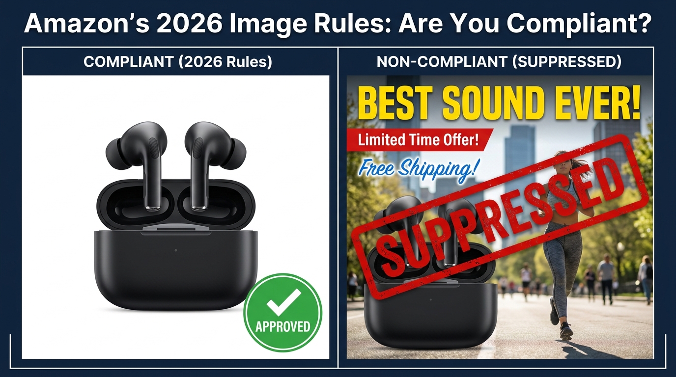 Amazon 2026 image compliance split-screen: compliant vs suppressed listing comparison