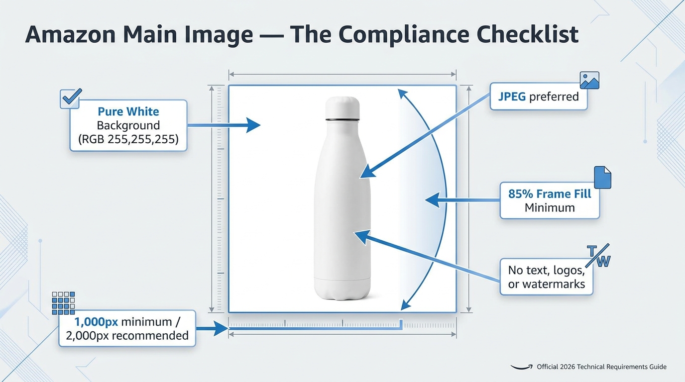 Amazon 2026 main image compliance checklist infographic showing technical requirements with annotation arrows