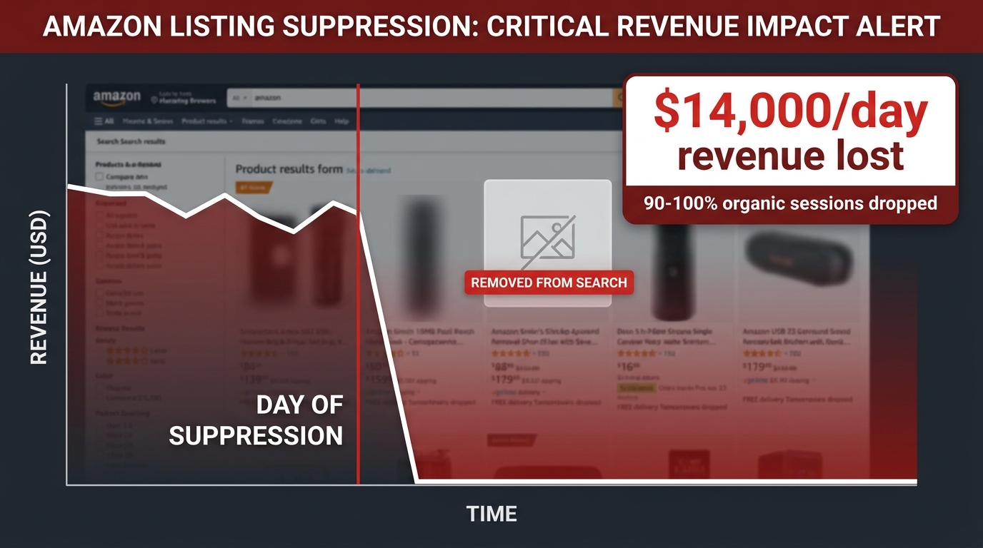 Revenue impact chart showing sharp drop on day of Amazon listing suppression with $14,000/day loss callout