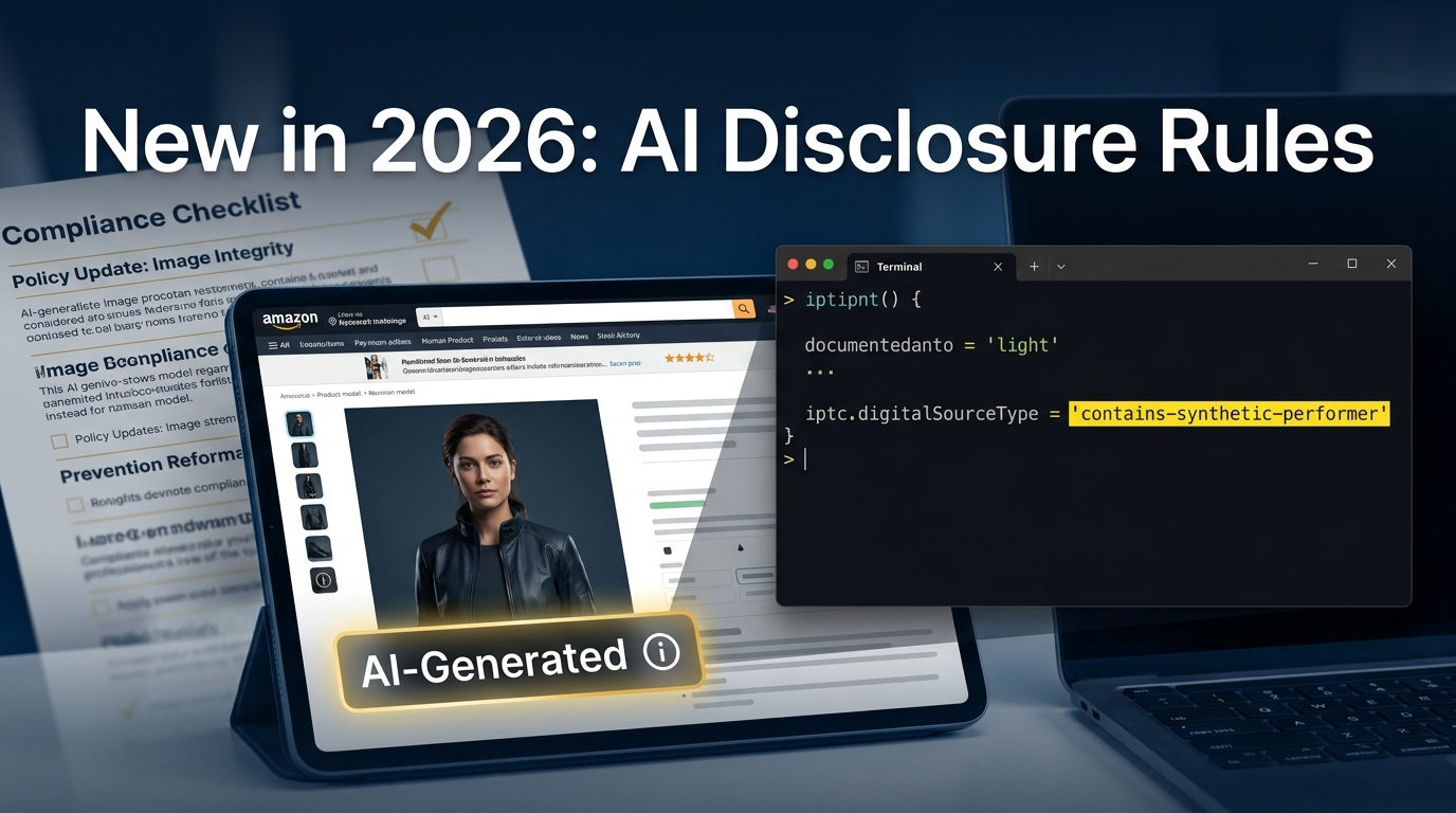 Amazon 2026 AI image disclosure rule showing contains-synthetic-performer metadata requirement and shopper-facing badge