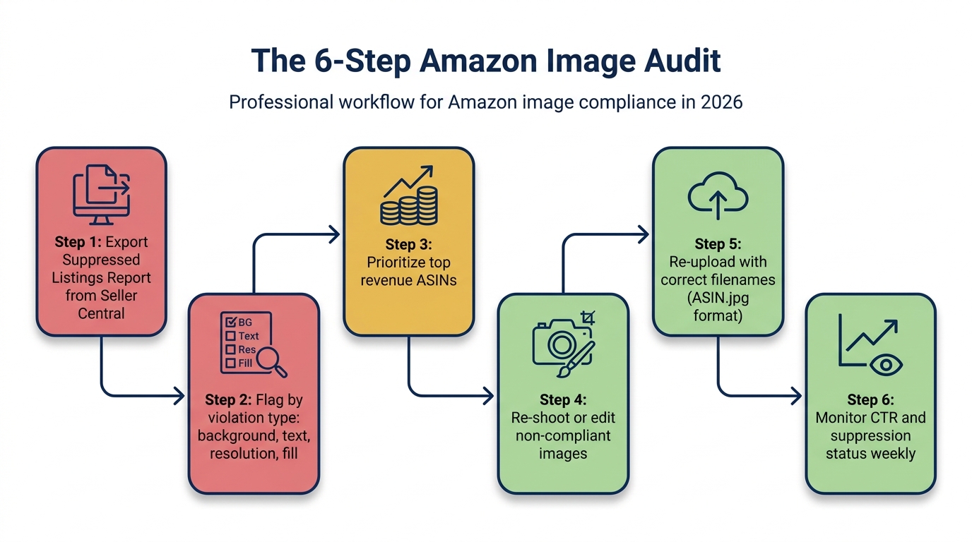 Six-step Amazon image compliance audit workflow flowchart showing steps from suppression report export to weekly monitoring