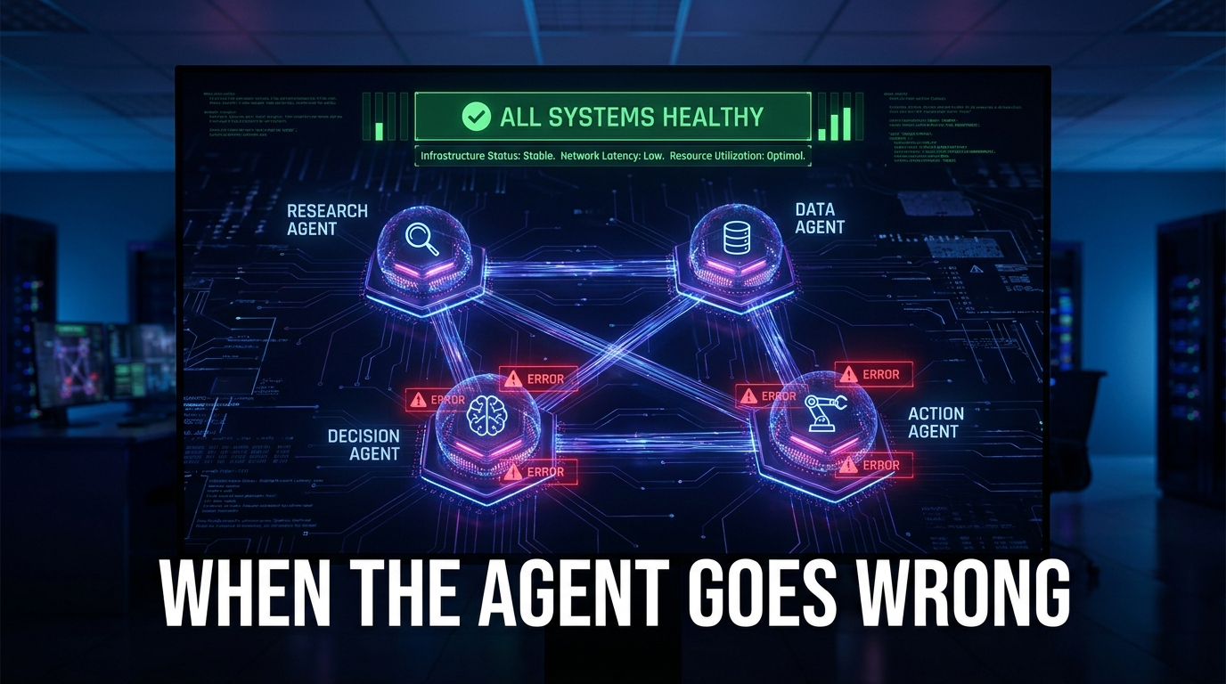 AI agent observability network diagram showing interconnected workflow agents with warning indicators while infrastructure monitoring falsely shows green status