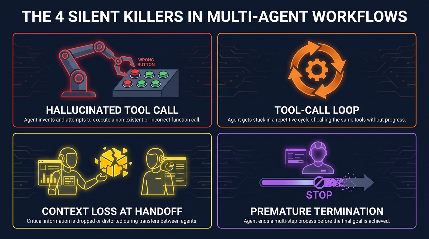 The four silent killers in multi-agent workflows: hallucinated tool calls, tool-call loops, context loss at handoff, and premature termination