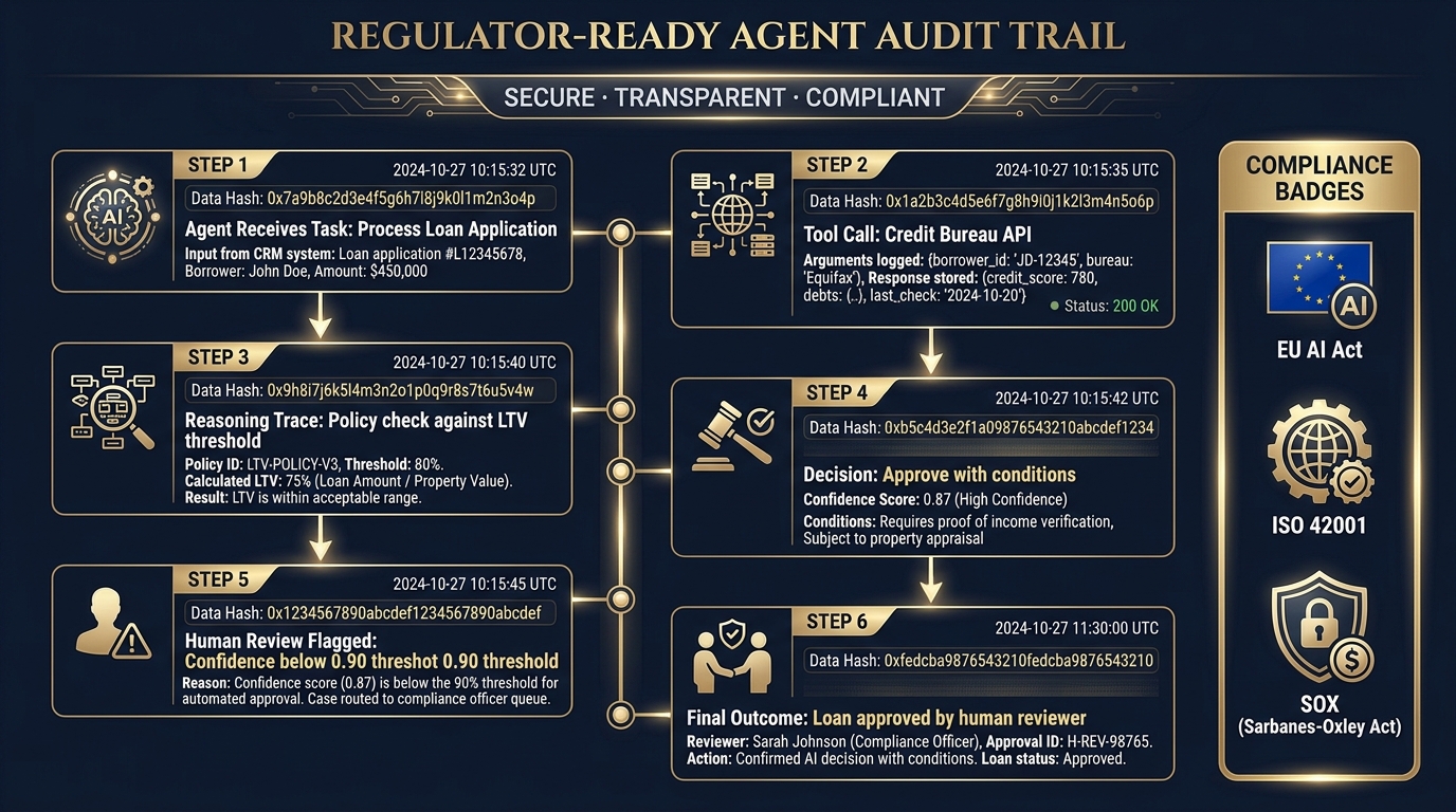 Regulator-ready AI agent audit trail for a loan application workflow showing timestamped steps, data access logs, confidence scores, and compliance framework badges
