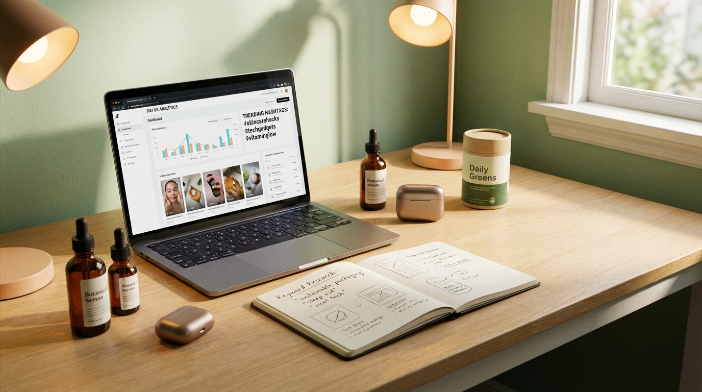 Product research workspace with laptop showing TikTok analytics, keyword research notebook, and product samples including skincare bottles and tech gadgets