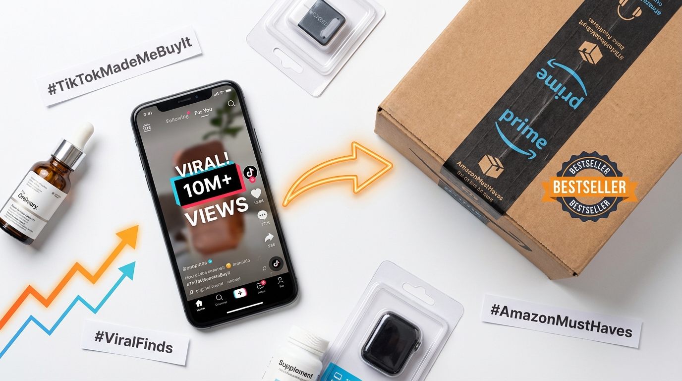 Smartphone showing TikTok viral video metrics connected to an Amazon Prime bestseller box surrounded by trending product samples and upward-trending charts
