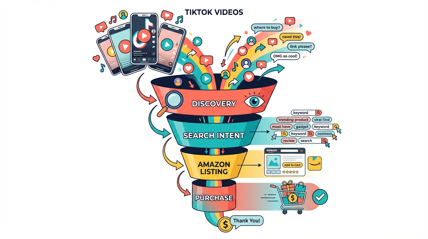 Funnel diagram showing TikTok videos flowing through Discovery, Search Intent, Amazon Listing, and Purchase stages with social media signals and shopping cart
