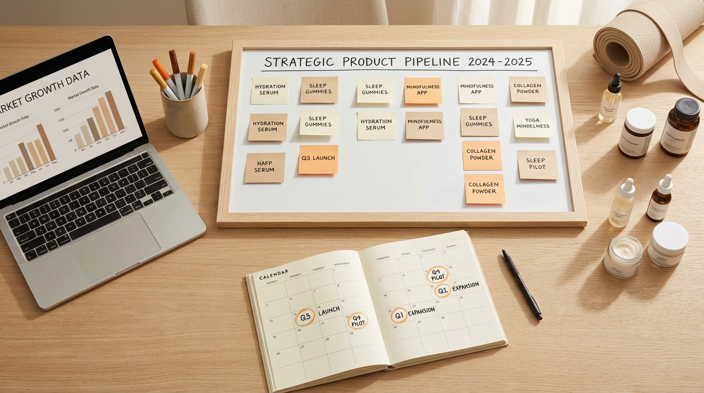 Strategic product pipeline workspace with sticky notes showing product ideas, calendar marking timing windows, laptop with data charts, and product samples in beauty and wellness categories