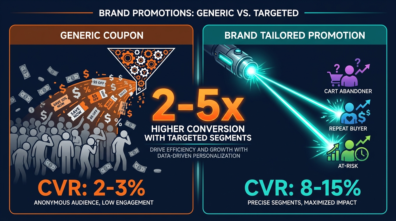 Split-screen comparison showing generic coupon with 2-3% conversion rate versus Brand Tailored Promotion with 8-15% conversion rate and 2-5x higher conversion with targeted segments