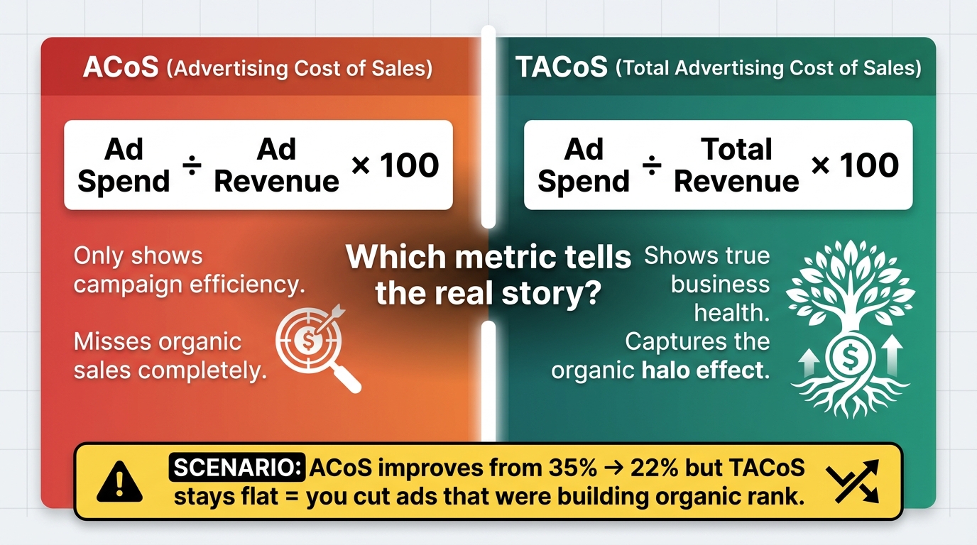 Split panel comparison of ACoS vs TACoS metrics showing formulas, definitions, and a scenario where ACoS improvement masks organic rank loss