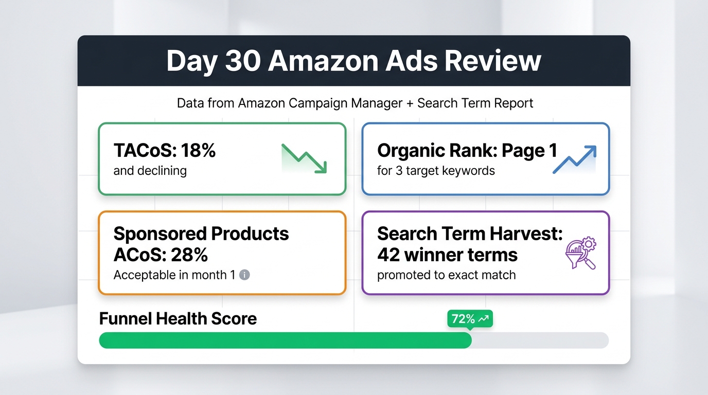 Day 30 Amazon Ads review dashboard showing TACoS, organic rank, Sponsored Products ACoS, and search term harvest count KPIs