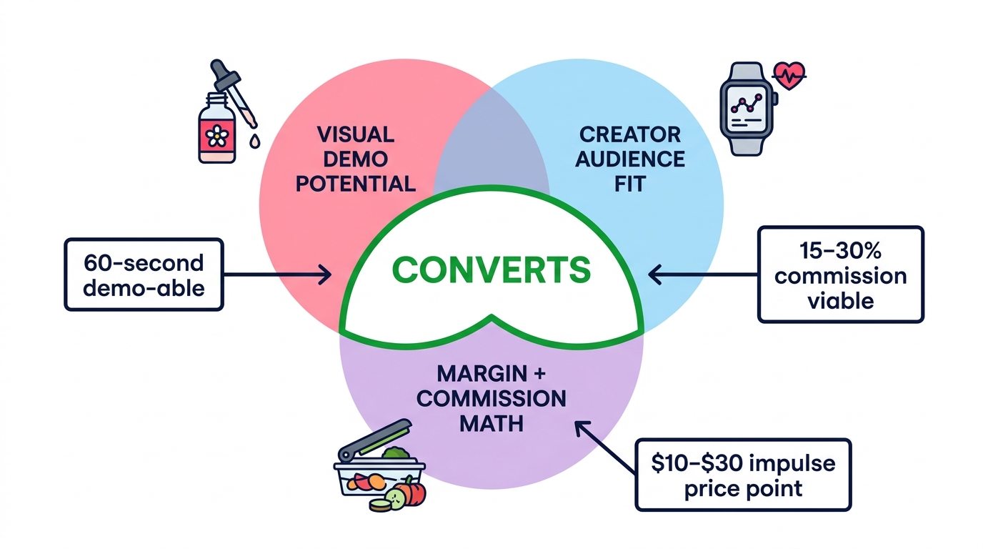 Venn diagram showing three-way overlap of visual demo potential, creator audience fit, and margin plus commission math for TikTok Shop product selection