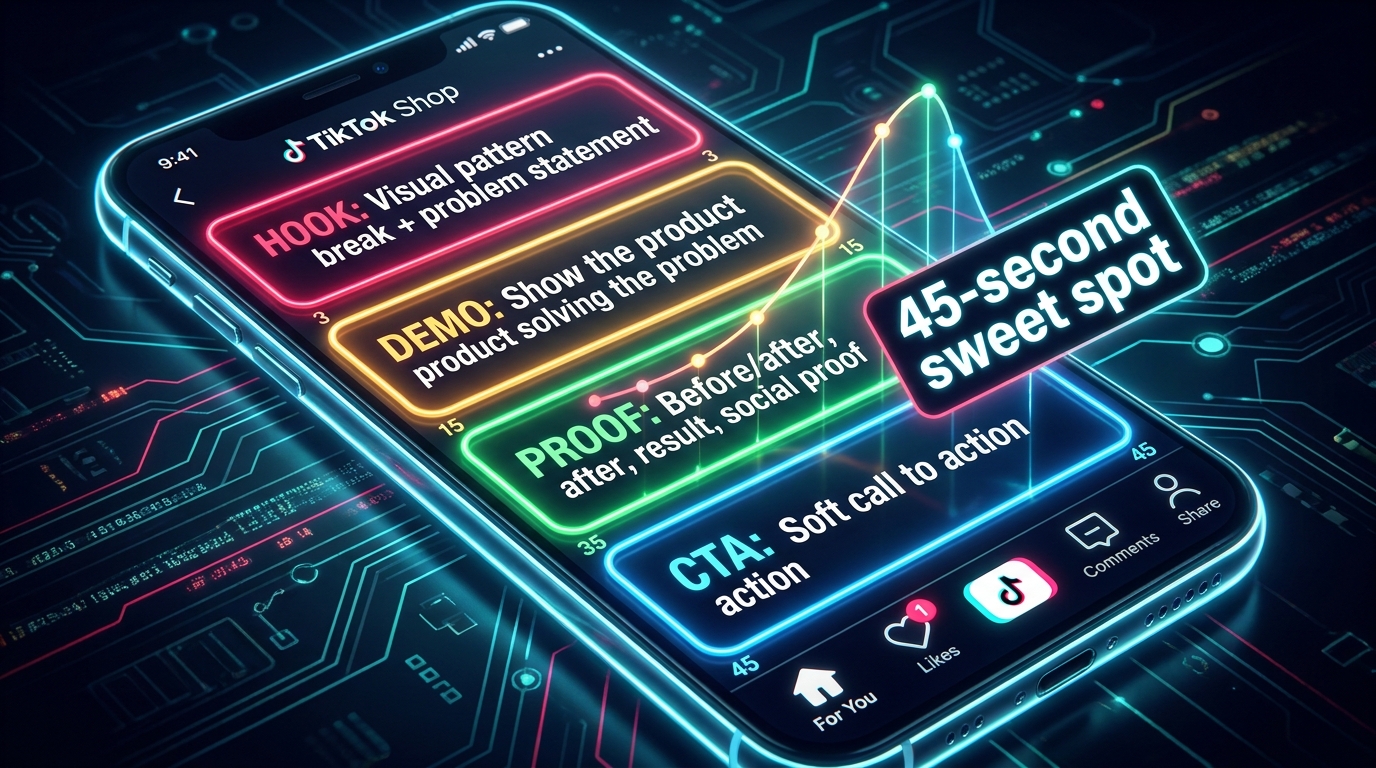 TikTok Shop video timeline breakdown showing hook, demo, proof, and CTA segments with a retention curve overlay