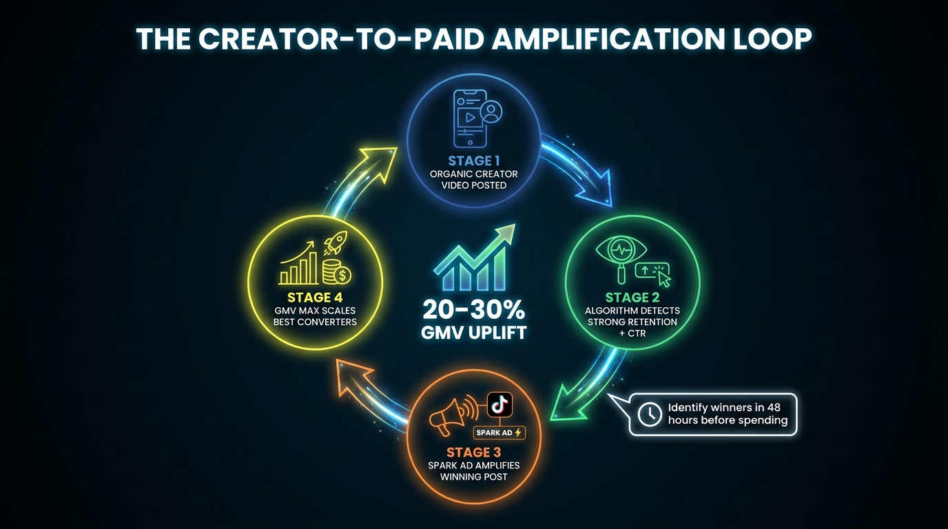 Circular flowchart showing TikTok Shop amplification loop from organic creator video through Spark Ads to GMV Max scaling with 20-30% GMV uplift annotation