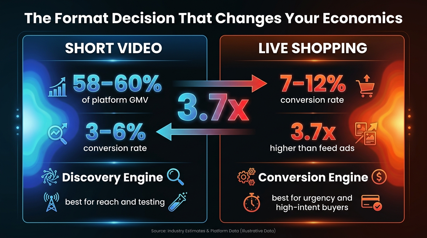 Split comparison infographic showing TikTok Shop short video versus LIVE shopping conversion rates — LIVE converts at 3.7x higher rate than feed ads