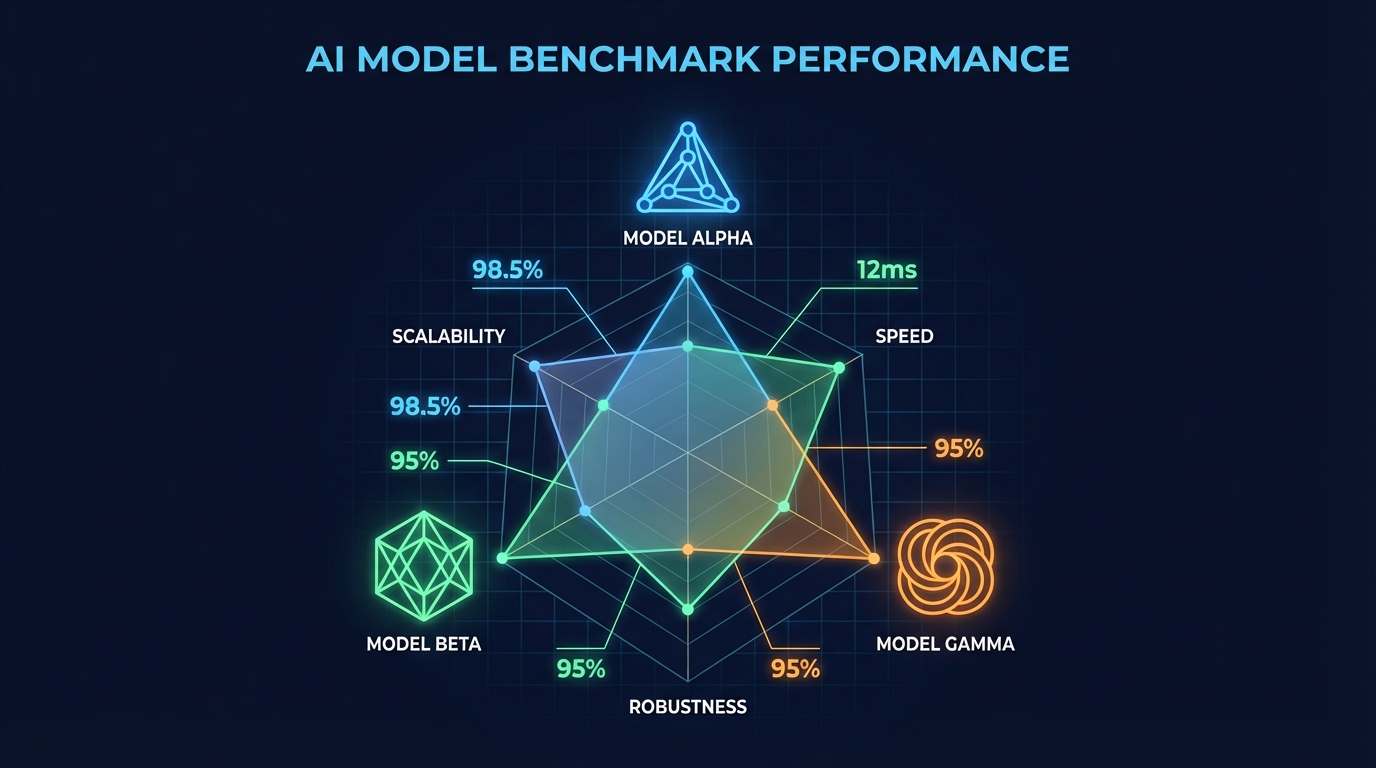 Three AI models compared on radar benchmark chart with geometric shapes representing GPT, Claude, and Gemini