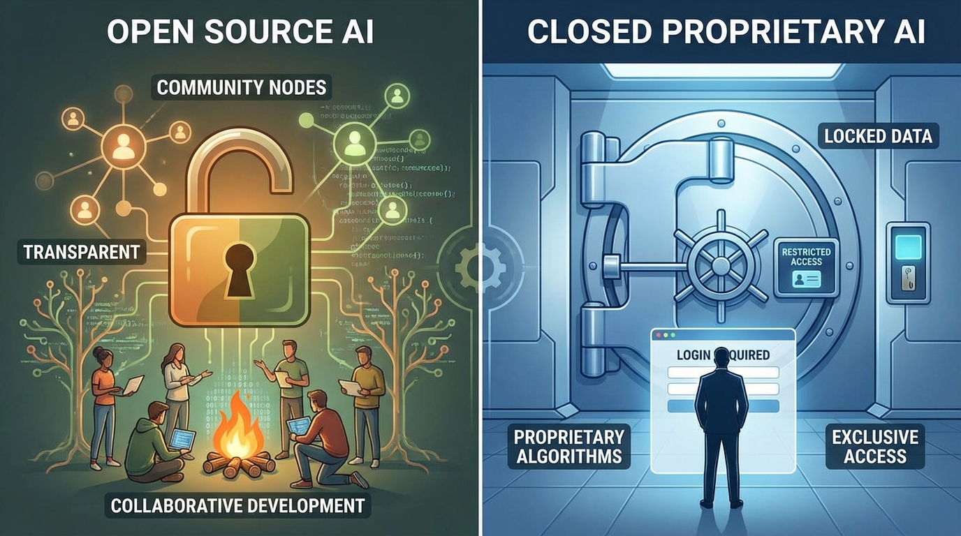 Split comparison of open source versus closed proprietary AI with padlock and vault imagery