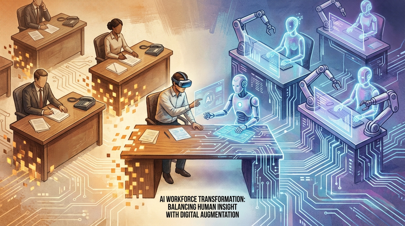 AI workforce transformation with office workers and digital agents working side by side