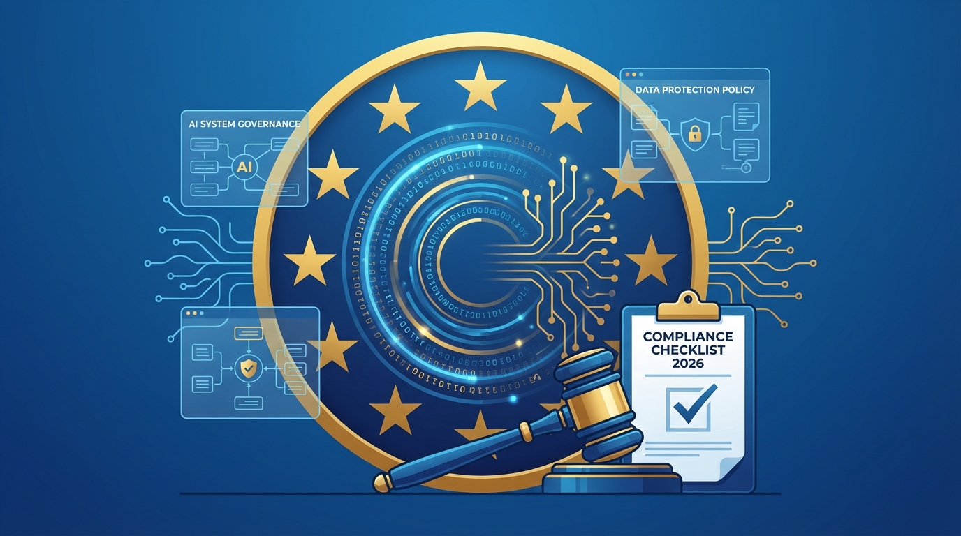 EU regulatory compliance for AI with golden star circle and compliance documents overlaid on neural pathways