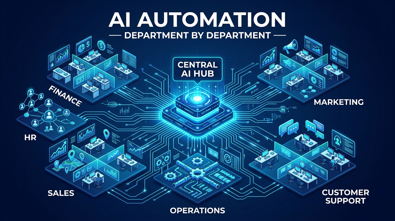 AI automation across business departments — organizational map showing Finance, HR, Sales, Marketing, Operations, and Customer Support connected to a central AI hub